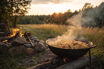 A large pot of food is cooking over a fire in a field