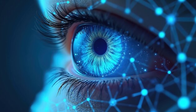 Close-up macro view of human blue eye iris with digital network overlay. Futuristic vision technology analysis. Cybernetic eye scan for data processing.