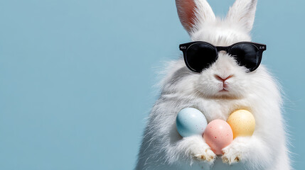 White Easter Bunny Wearing Sunglasses Holding Colorful Eggs