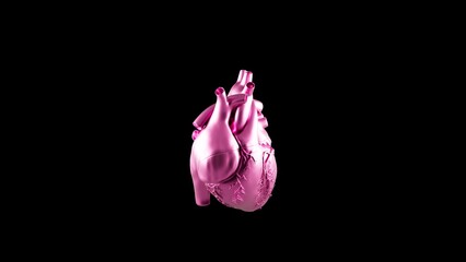 3D rendering of a metallic pink anatomical human heart isolated on black background
