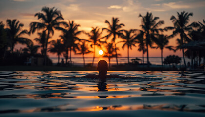 Silhouette man swimming toward pool edge at tropical sunset, tranquil warm mood