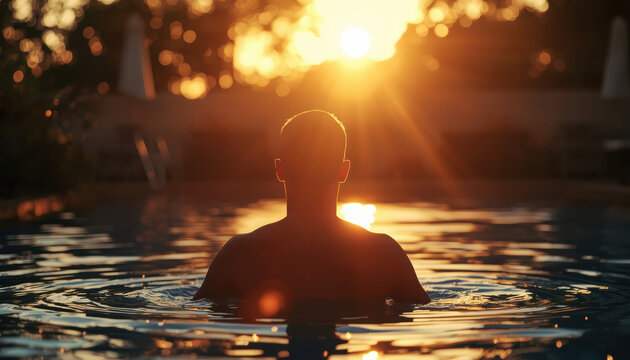 Male silhouette in golden sunset pool with reflective water and warm glow - Powered by Adobe