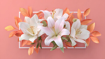 White lilies and orange leaves in a white frame on pink background