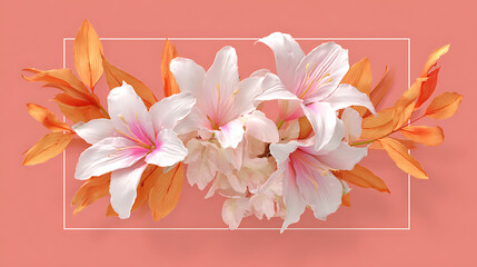 White lilies and orange leaves in a white frame on pink background