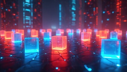 Obraz premium Abstract scene with glowing cubes connected by circuits. Futuristic cityscape in background with bright red and blue lights. Digital network concept for data transmission.