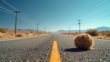 Tumbleweed blows across empty desert highway, telephone poles line road stretching to horizon. Barren landscape under bright blue summer sky, sense of isolation, adventure, remote travel.