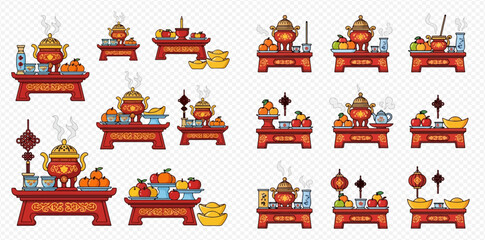 Set of Chinese New Year offering tables with traditional food and decorations for ancestral worship.