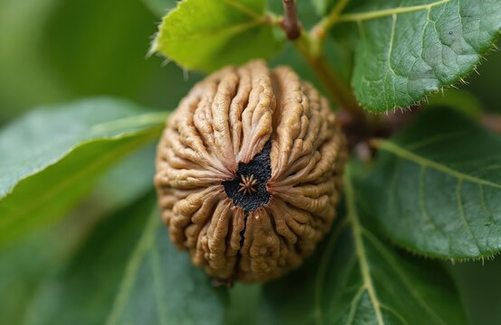 Walnut anthracnose disease affects a developing nut on a tree branch. Brown spots spread across the fruit surface. Healthy green leaves surround the damaged nut.