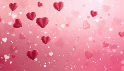 Romantic pink gradient heart background with floating red hearts and sparkles