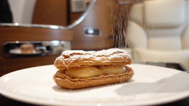 Close up of a delicious eclair being dusted with powdered sugar in a luxurious setting
