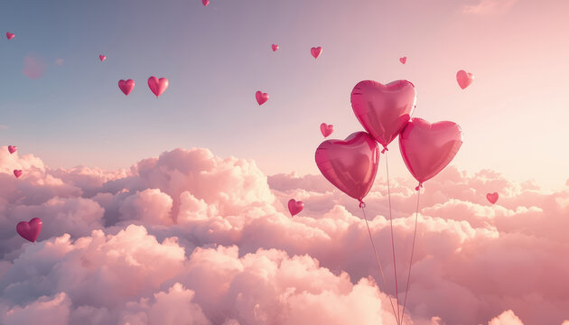 Pink heart balloon floating above soft cloud background at sunrise, dreamy romantic scene