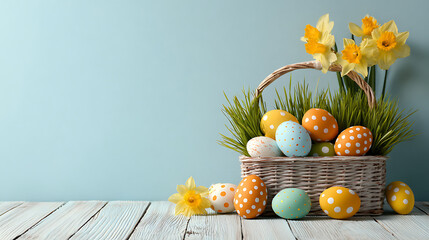 Wicker basket filled with Easter eggs and daffodils on wooden surface