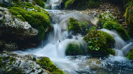 Naklejka premium Long Exposure of Mountain Stream with Silky Water and Green Mossy Rocks, Nature Landscape
