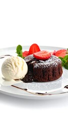 Molten chocolate cake with vanilla ice cream, strawberries, mint leaves, and chocolate sauce on a white plate