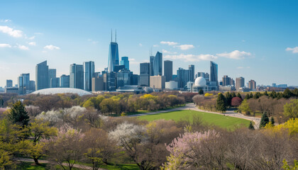 Fototapeta premium Spring park skyline with blooming trees and clear blue sky