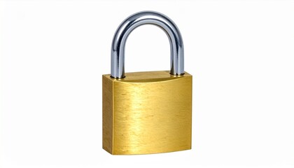 Fototapeta premium Brass padlock with silver shackle on white background, evoking security and privacy.