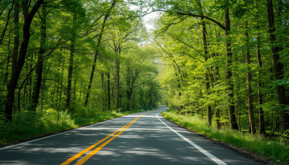 Obraz premium Spring road trip forest green canopy winding road with sunlight dappled pavement