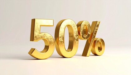 Golden 3D “50%” text on neutral background, evoking luxury discount and bold promotional impact.