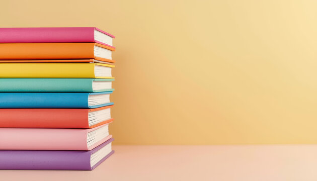 Stacked colorful notebook pastel background bright stationery arrangement smiling mood