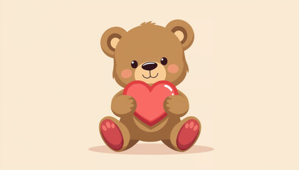Fototapeta premium Cute brown teddy bear holding red heart sitting on neutral background joyful