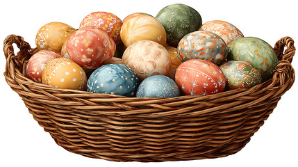 Woven basket overflowing with colorful decorated Easter eggs