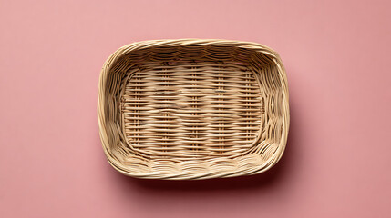 Woven Rectangular Basket on Pink Background Top View