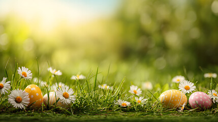 Yellow and Pink Easter Eggs with Daisies in Sunlight
