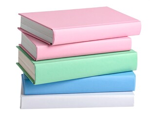 Stacked books with pink, green, and blue covers arranged on a white surface