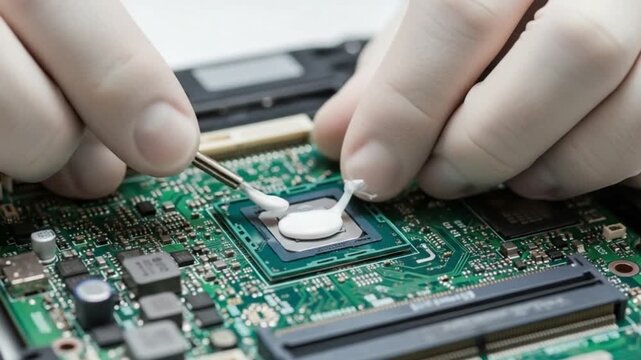 Technician applying thermal paste to computer processor on circuit board with gloved hands