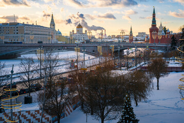 View at Kremlin Embankment in winter Moscow from Floating Bridge