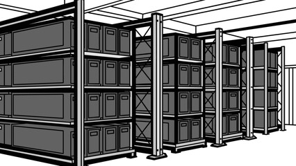 Warehouse Storage Shelves with Metal Frames.