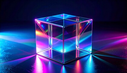 Transparent glass cube on reflective surface with neon blue, pink, and purple lighting effects.