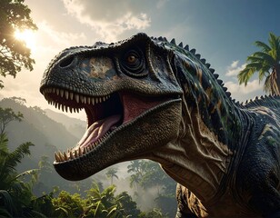 Large dinosaur roars, overlooking a jungle with sunburst in sky