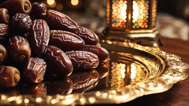 Rich Medjool Dates Pile On Ornate Golden Plate With Intricate Moroccan Lantern And Soft Bokeh Lights Background During Evening Time