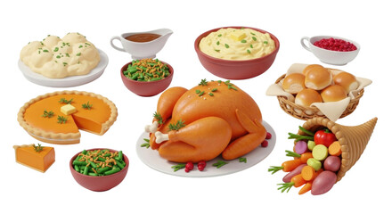 3d thanksgiving feast with turkey mashed potatoes gravy cranberry sauce pumpkin pie rolls and cornucopia transparent background cutout png