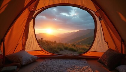 Inside view of orange tent at sunrise over mountains. Sun rays light up the landscape. Peaceful outdoor sleeping setup, perfect for travel and adventure.