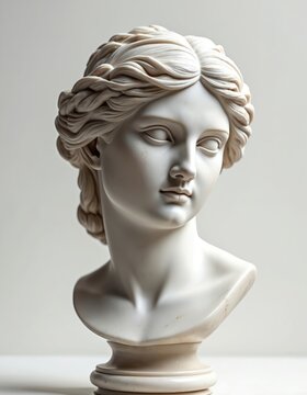 White marble bust of ancient Greek goddess Hera with intricate hairstyle. Stone sculpture on light backdrop, classic beauty, elegance. Timeless art.