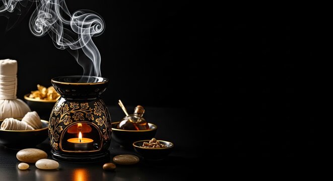 Elegant aromatherapy setup with essential oils, candle light and herbs creating a tranquil ambiance