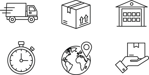 Six vector logistics delivery icons set featuring shipping truck package warehouse stopwatch globe hand isolated on white background