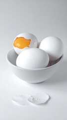 A still life shows a white bowl with three eggs, one cracked, on a white surface with shell pieces below
