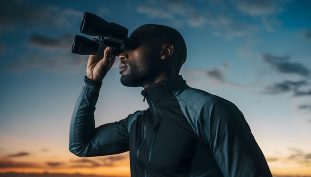 Man looking through binoculars at sunset or sunrise on a serene ocean landscape