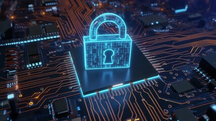 Glowing blue padlock icon over microchip with electronic circuits, symbolizing cybersecurity and data protection. - Powered by Adobe