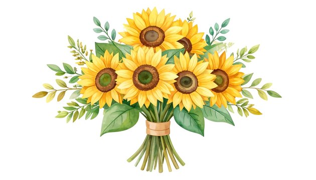 Watercolor bouquet of sunflowers with green leaves tied with raffia on white