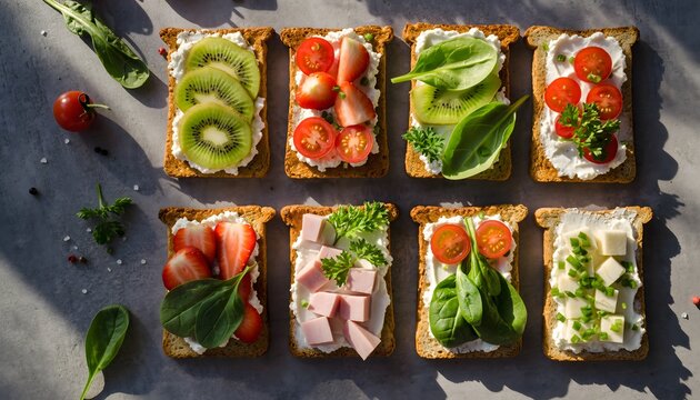 Assortment of Gourmet Open-Faced Sandwiches with Fresh Fruits and Vegetables