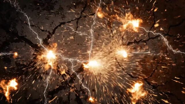 Energetic sparks illuminate shattered earthy ground