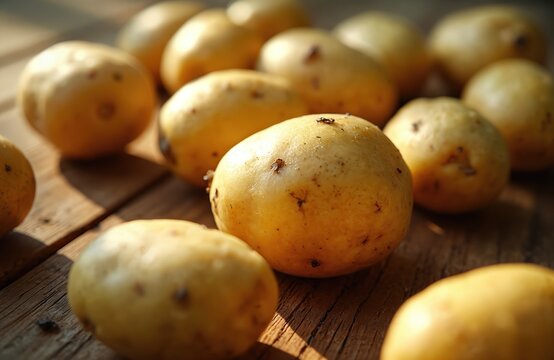 Yellow potatoes sit on wooden planks bathed in sunlight. Some potatoes have green patches indicating solanine. Unsafe to eat these spoilage food items.