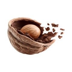 Cracked Walnut Shell Exploding with Whole Kernel Inside on Transparent Background