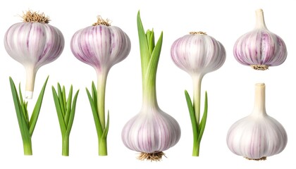 An assortment of garlic bulbs with green sprouts, showing varied development stages against a clean white background