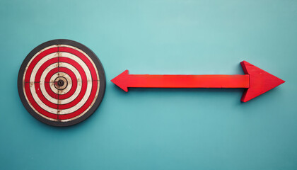 Red arrow points to bullseye on dartboard against teal backdrop representing goal achievement and strategy. Direct path to success and focused objective.