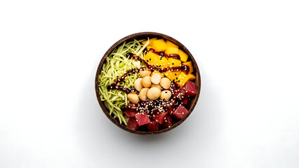Minimalist flat lay, Hawaiian poke-inspired bowl with a base of shredded green cabbage, cubed ahi tuna, mango, macadamia nuts, a soy-sesame dressing, in a coconut shell bowl 